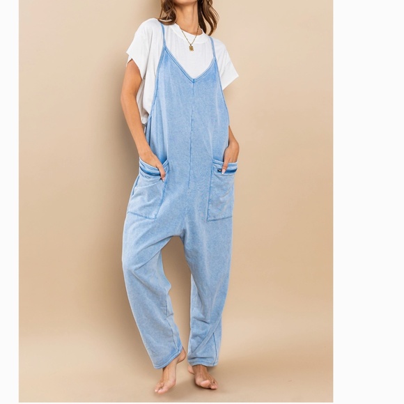 Ces Femme Pants - Mineral Wash French Terry Jumpsuit Women’s Harem One Piece 90’s Y2K Blue #S39
